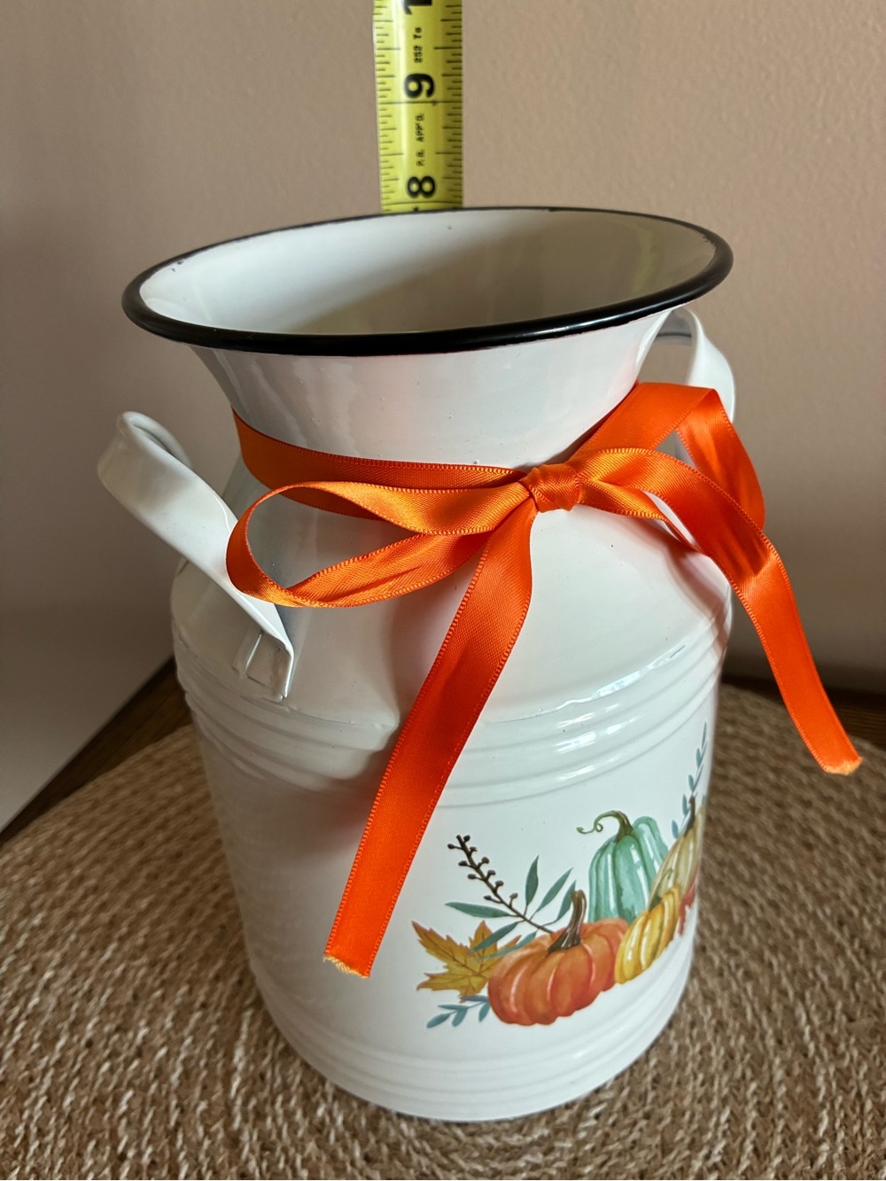 Milk Can/Vase White Enamel with Autumn Pumpkin Design and Orange Ribbon EUC! - Picture 5 of 7
